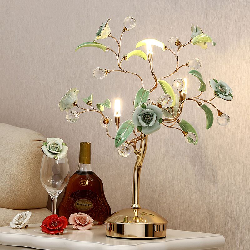 Lámpara nocturna de árbol de flores de 3 bombas Jardín coreano White/Red/Verde Ceramic Table Luz con tallo de oro