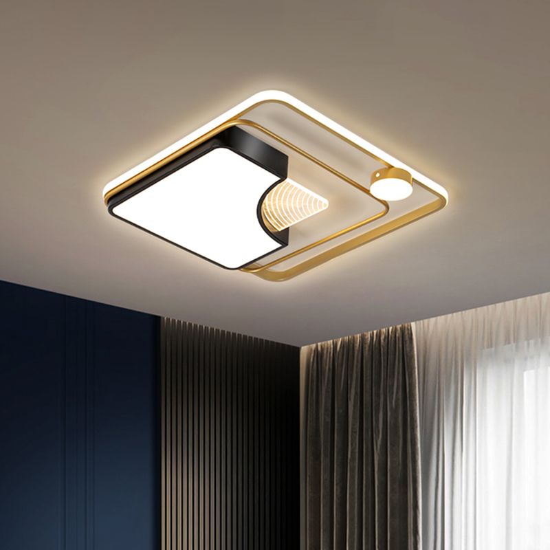 16"/19.5" W Metal Square Ceiling Fixture Minimalism Black and Gold Flush LED Mount Light