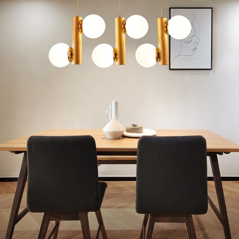 Glass Globe Pendant Chandelier Nordic Wood Hanging Light for Dining Room