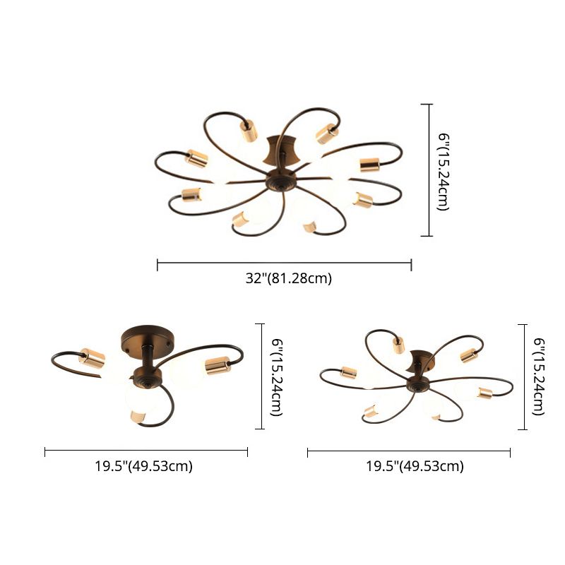 Metal Semi Flush Mount Light Vintage Black Exposed Bulb Living Room Semi Flush Light Fixture