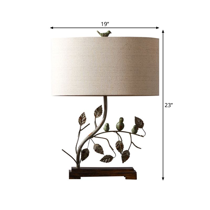 Metallic Leaf Design Table Lamp Vintage 1-Light Bedroom Desk Light in Brown with Drum Fabric Shade
