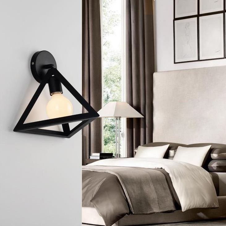 Metal Caged Wall Light Fixture with Triangle Shade Loft Style 1 Light Bedroom Wall Lamp in Black