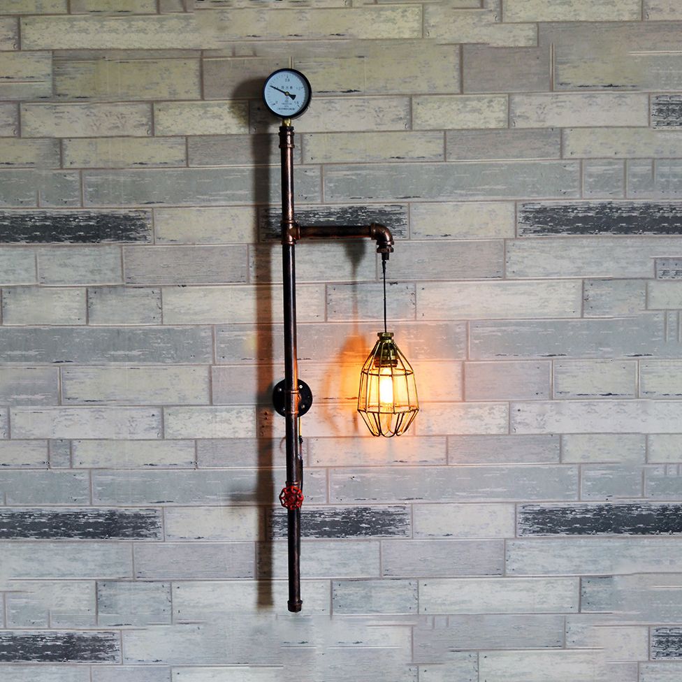 Piping Restaurant Wall Sconce Lamp Warehouse Metallic 1 Light Antique Brass Wall Light with Wire Guard and Gauge