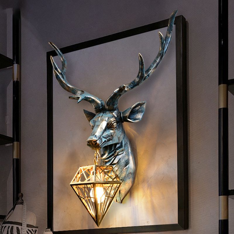 Resin Deer Wall Sconce Lighting Antique Style 1 Light Wall Light with Brass Diamond Shade, 14.5"/19.5" Wide