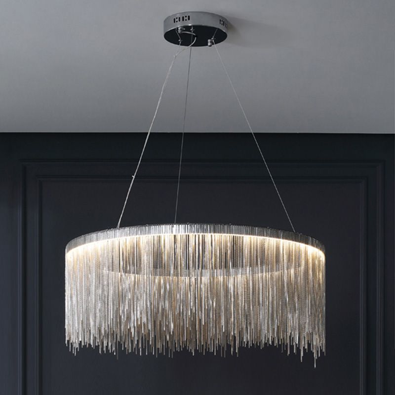 Silver Round Pendant Pildal Metal Chain Shade Chandelier Light pour salle à manger