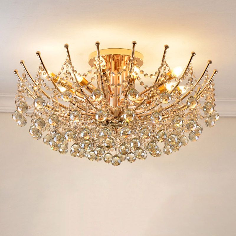 Plafonnier Cascade Boule de Cristal Postmoderne 4 Lumières Chrome/Clair/Cognac Semi-Encastré