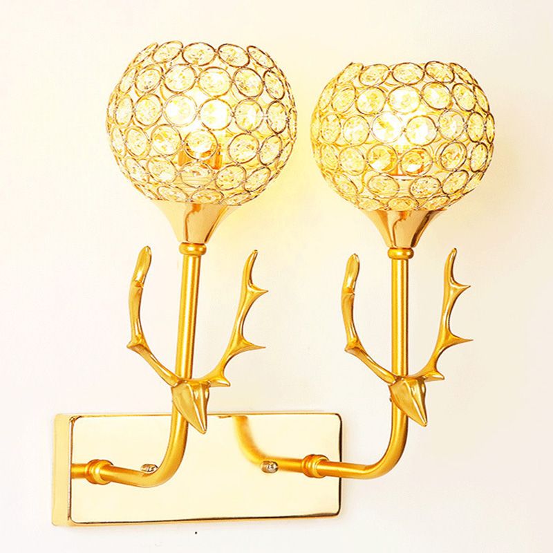 Gold Deer Head Wall Lamp Fixture Minimalist Metal Sconce Light with Ball Crystal Shade