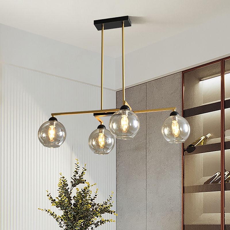 Linear Dining Room Down Lighting Metal 4-Light Simple Chandelier in Brass with Globe Clear Glass Shade