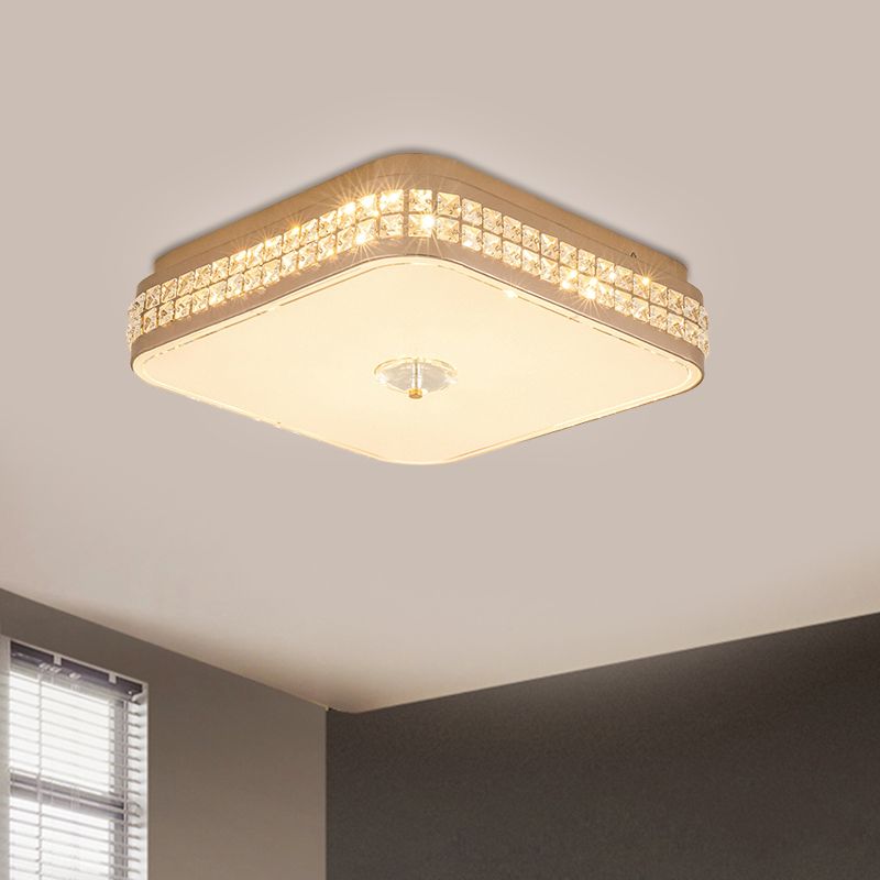 Champagne Square/Peach Blossom Flush Light Contemporary Faceted Crystals Great Room LED Ceiling Lamp, 15.5"/16.5"/19.5" W