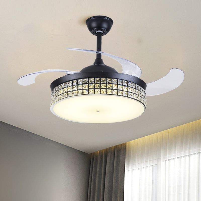 4-Blade-Drum Semi Flush Mount Light Contemporary CRYN CRISTAL 19 "Breite LED LED Black Hanging Lüfterlampe