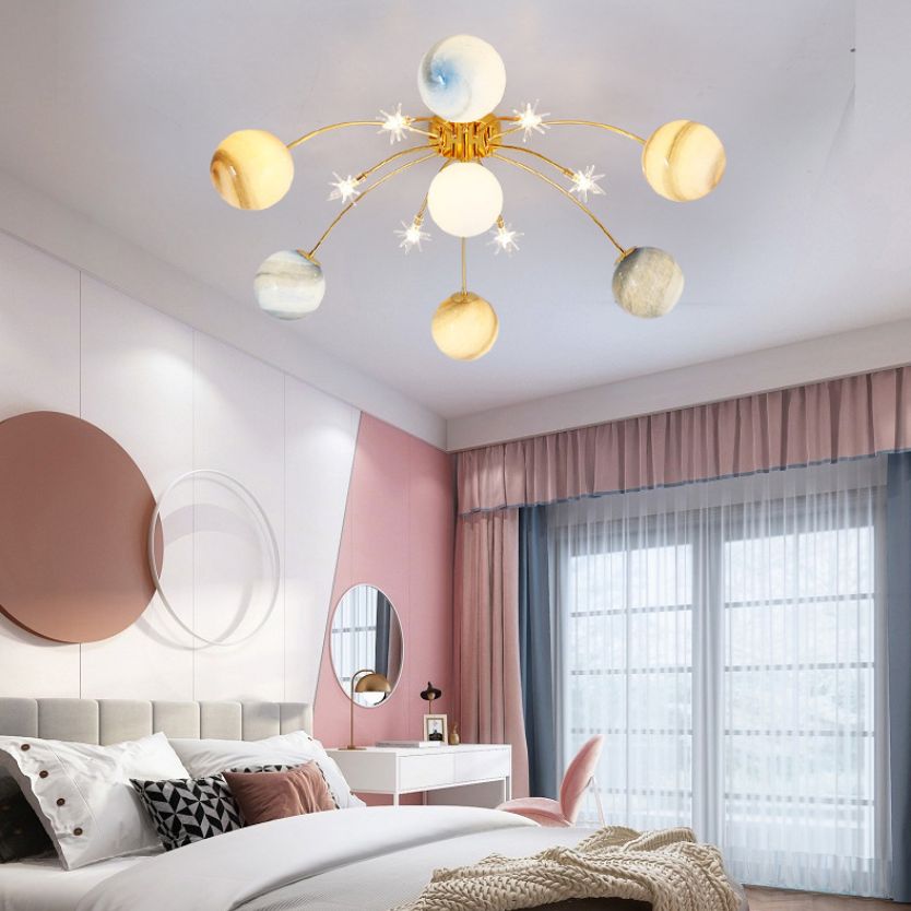 Plafonnier radial artistique moderne en fer forgé avec abat-jour en verre coloré