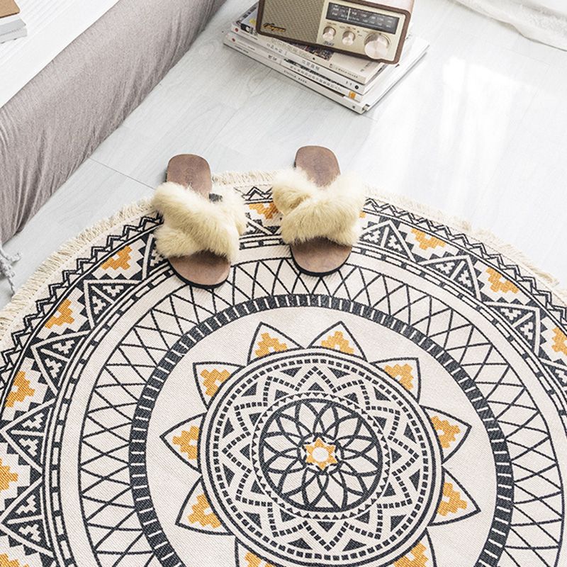 Multi Colored Tribal Patterned Rug Cotton Blend Ethnic Area Rug Easy Care Hand Woven Carpet with Tassel for Bedroom