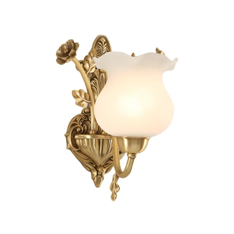 1/2 Bulbs Living Room Sconce Lamp Colonialist Brass Wall Lighting Fixture with Flower Opal Glass Shade