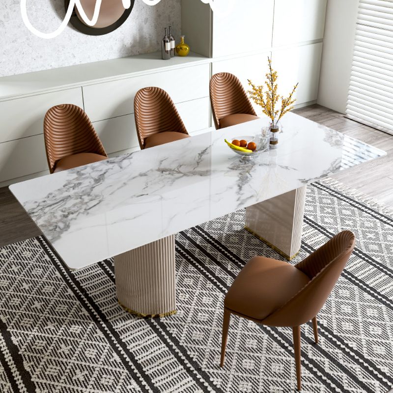 Luxury White Tone Dining Table Sintered Stone Table with Double Pedestal