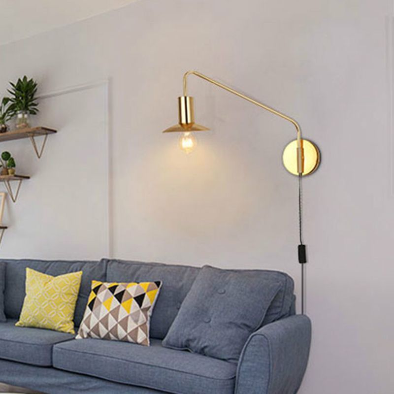 Metal Swing Arm Sconce Lamp Industrial Style Single Living Room Reading Light with Saucer Lampshade