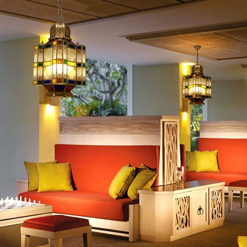 Art Deco Lantern Ceiling Lamp 6-Bulb Metal Chandelier Pendant Light in Brass for Restaurant