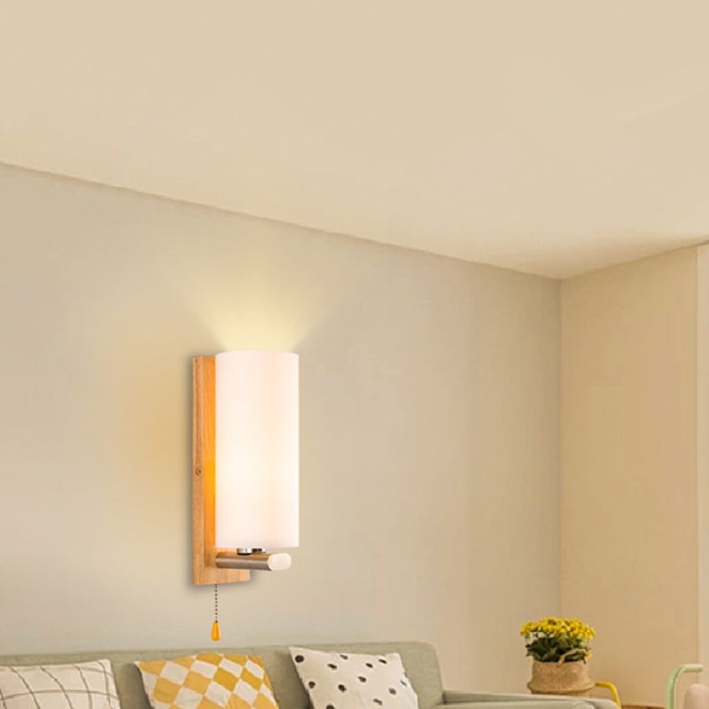 Nordic Style Wooden Wall Lamp White Cylindrical Shade Simplicity Lighting Fixture with Hand Pull Switch