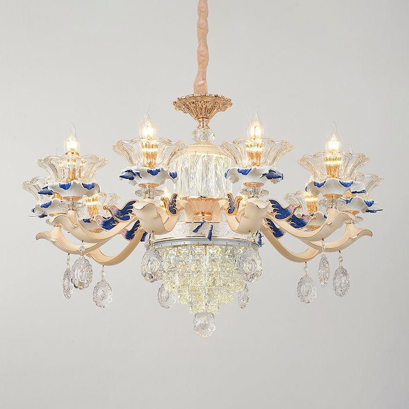 Flower Ribbed Glass Suspension Light Retro Style Living Room Chandelier Light with Crystal Draping in White