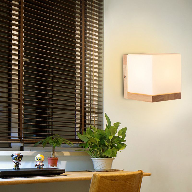 Iluminación apliques en forma de cubo estilo nórdico vidrio blanco de 1 luz de la pared de la pared con placa de espalda de madera
