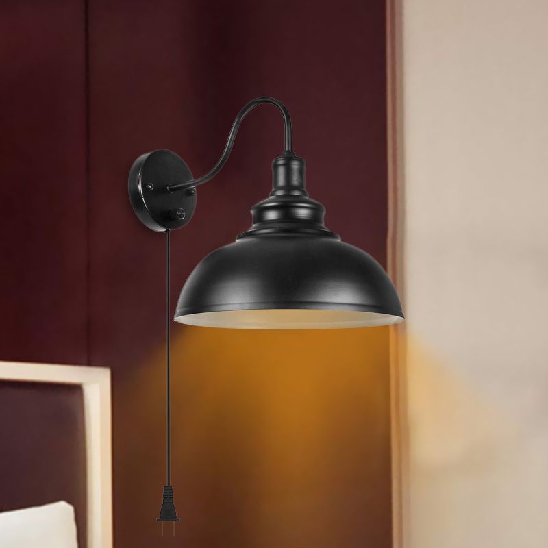 Black Dome Sconce Light Farmhouse Metal 1 Light Bedroom Room Wall Lamp with Plug-in Cord