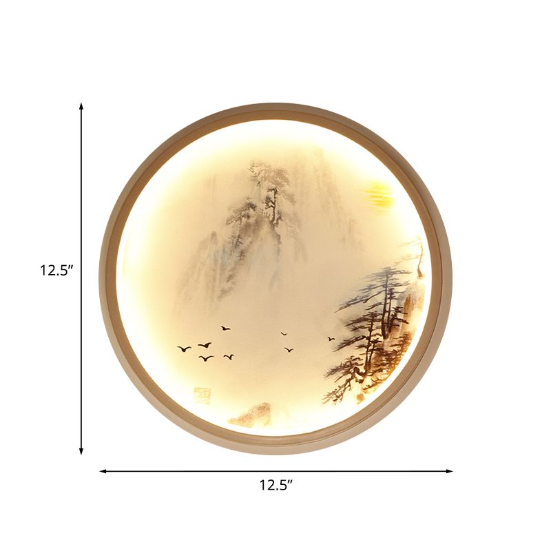 Éclairage mural circulaire blanc Asie Style LED Metallic Mural Lampe avec du pin et un motif d'oiseau