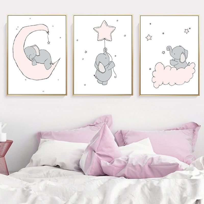 Children's Art Cartoon Elephant Wall Decor Pastel Color Sitting Room Wrapped Canvas
