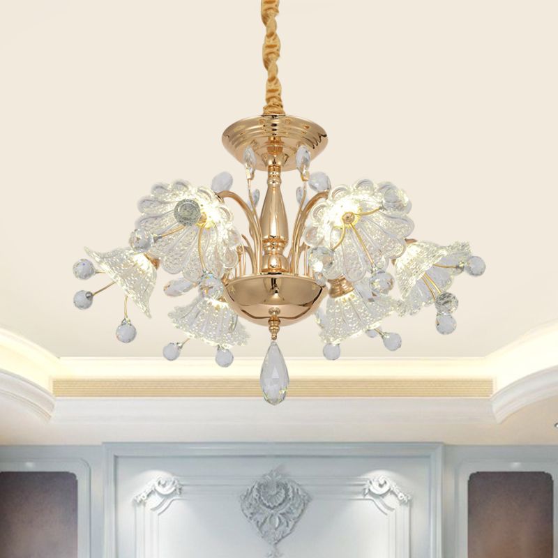 6 Bulbs Curved Arm Chandelier Lamp Contemporary Gold Finish Clear Crystal Flower Shade Suspension Light