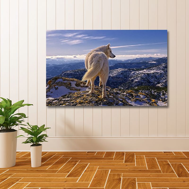 Modern Mountain Landscape Canvas in Blue Wild Wolf on the Cliff Wall Art for Room