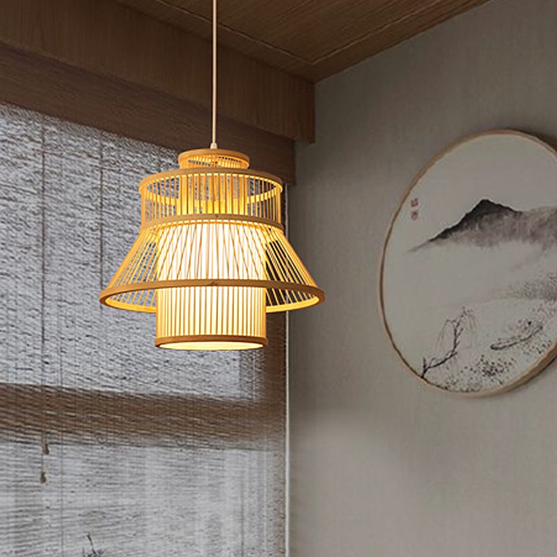 Wood Flared Hanging Light Chinese 1 Bulb Bamboo Suspended Lighting Fixture for Tearoom