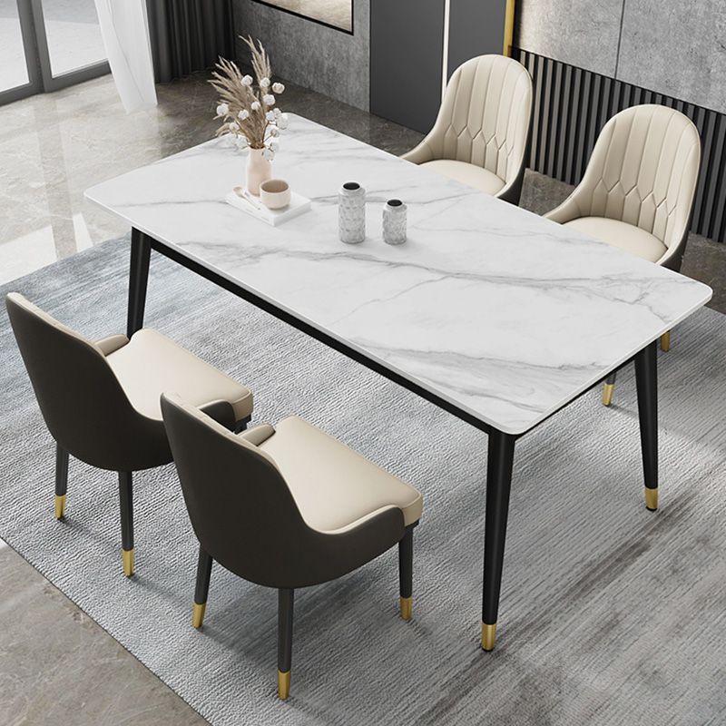 Scandinavian White Slate Dining Table Rectangular Dining Table with Four-leg Metal Base