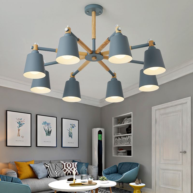 Wooden Radial Pendant Lighting Macaron Chandelier with Tapered Metal Shade for Living Room