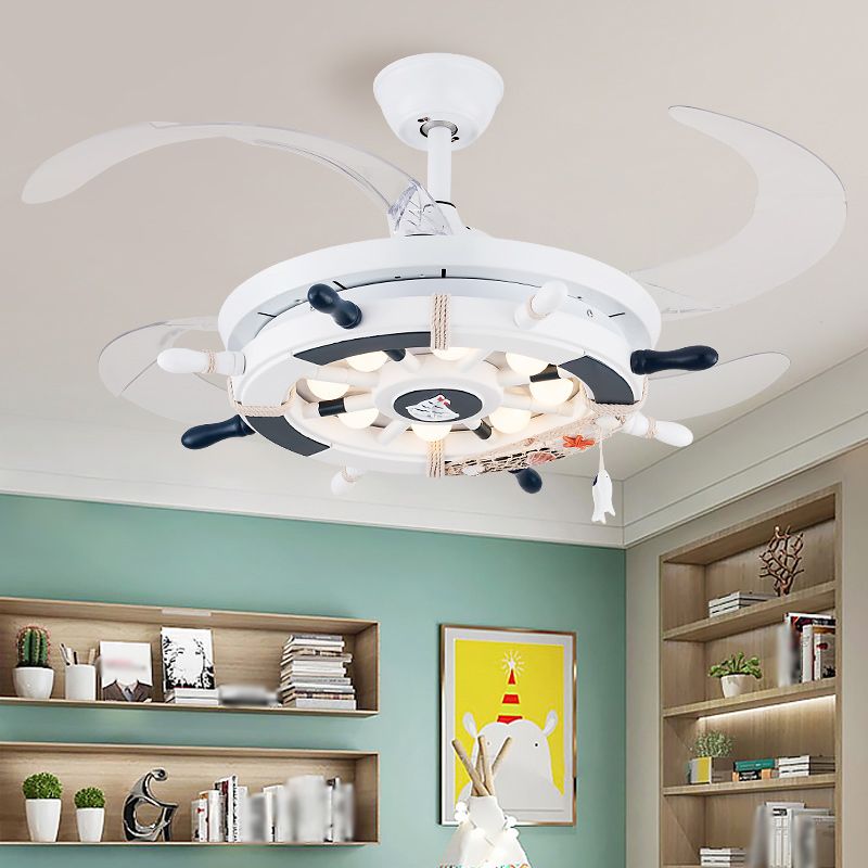 Remote Control Rudder Semi Flush Mount Mediterranean Metal Kids Bedroom LED Pendant Fan Light