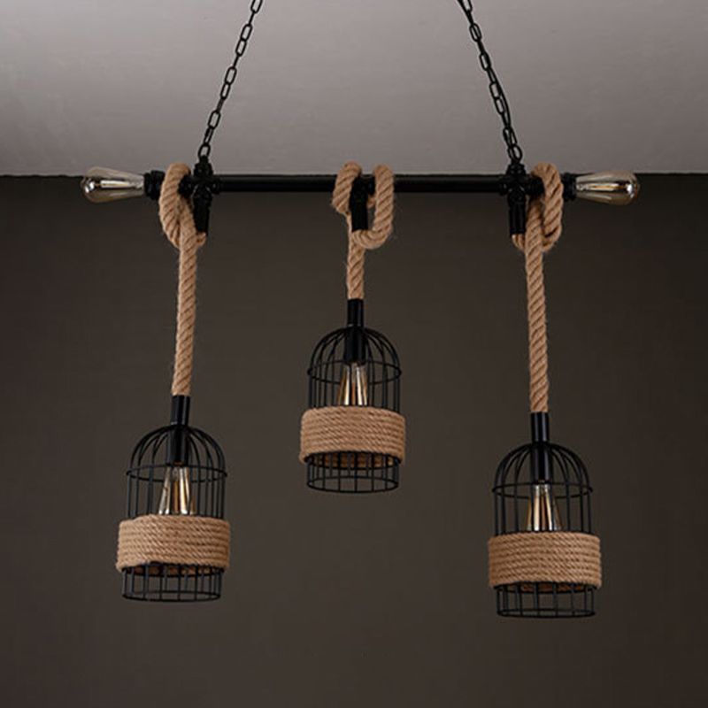 3 - Light Industrial Kitchen Island Lighting Metal & Hemp Rope Ceiling Fixture in Black