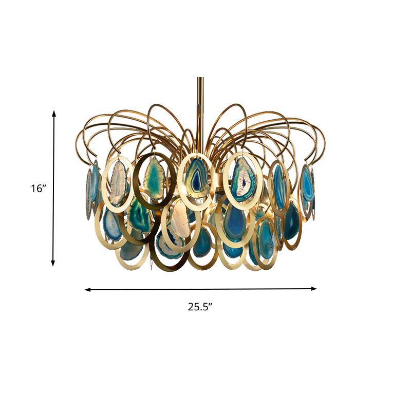 Green Peacock Feather Chandelier Light Modern 5-Head Iron Ceiling Hanging Pendant with Agates