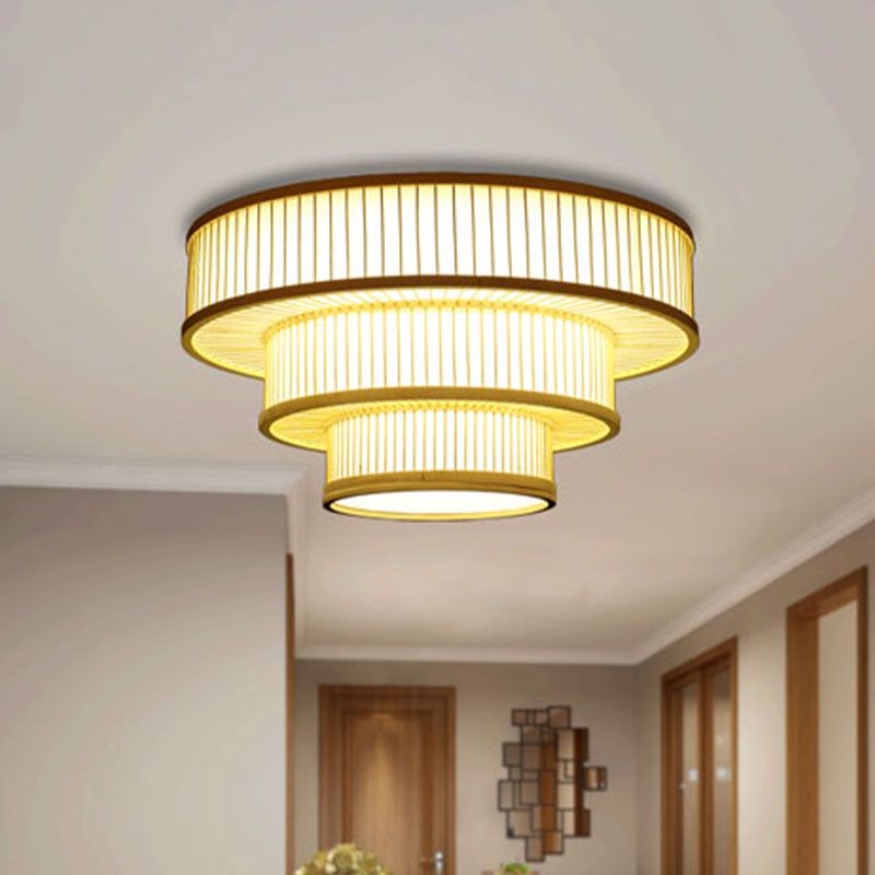LED Slaapkamer Flush Light Asia Beige Plafond Gemonteerde Armatuur met Tiered Bamboetint