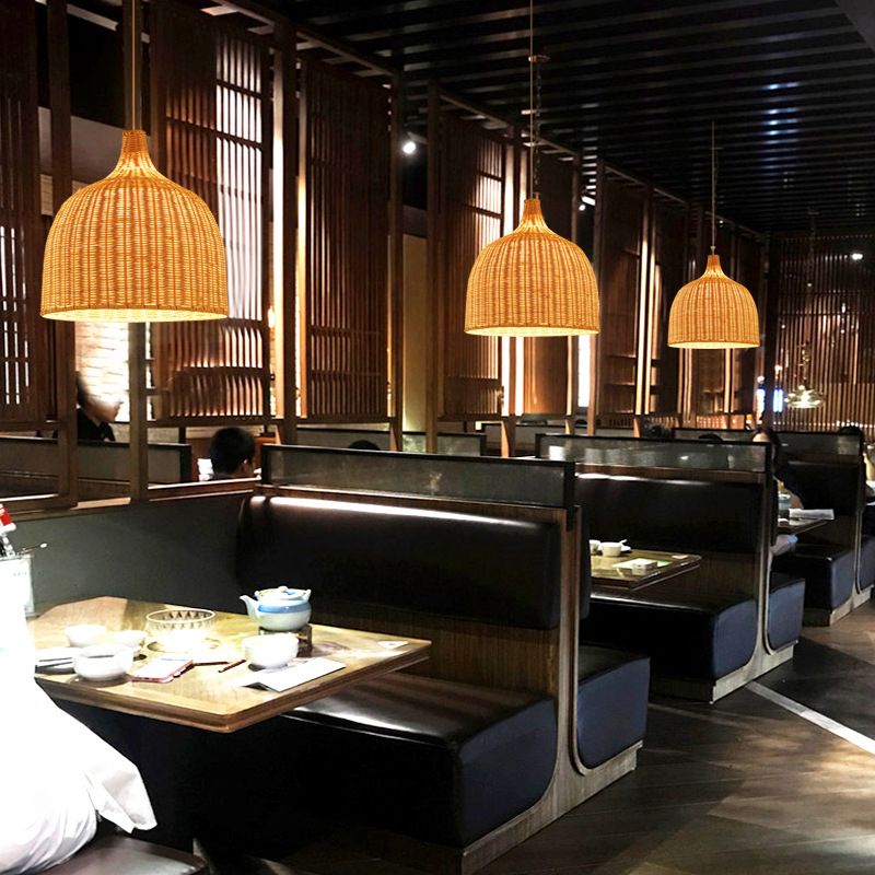 Handwoven Dome Pendant Light Fixture Chinese Bamboo Single Bulb Dining Table Ceiling Light in Beige