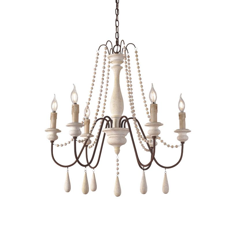 Rural Candle Pendulum Light 6 Bulbs Wood Chandelier Lighting Fixture in White with Bead Strand