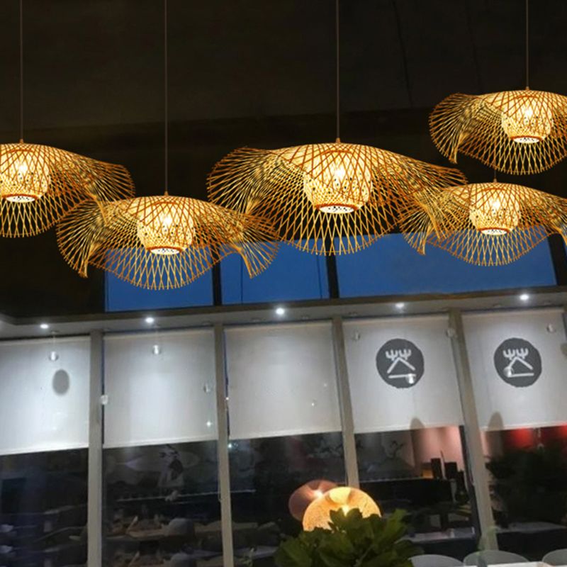 Beige Asia Pendulum Light Rattan 1-Light Hanging Ceiling Light for Dining Room