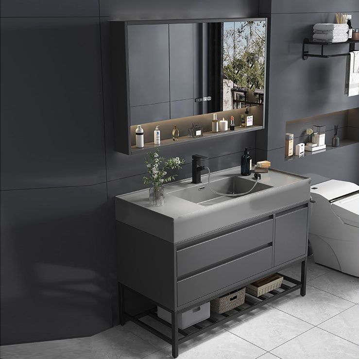 Single Sink Grey Vanity Shelving Included Mirror Rectangle Vanity with 2 Drawers