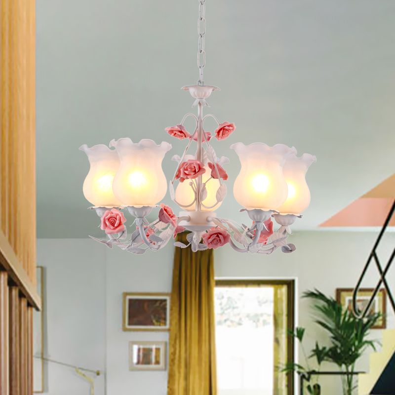 Flower White Glass Chandelier Light Pastoral 5 Bulbs Dining Room Pendant Lighting Fixture in Pink