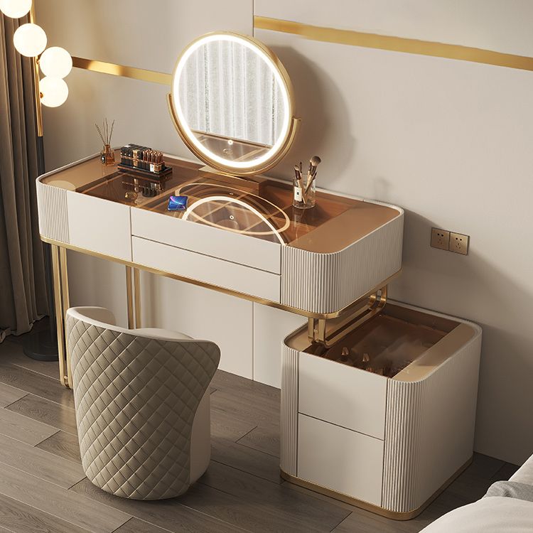Minimalism Glass Vanity Table with Mirror & Stool 5 Drawers Beige Dressing Table