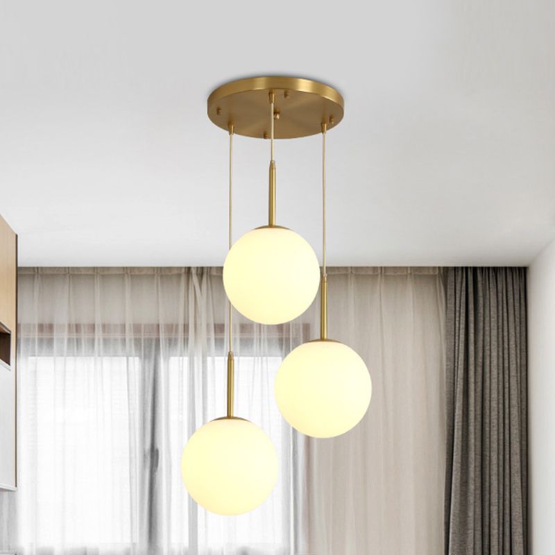 Orb Hanging Ceiling Light Modernism White Glass 3 Lights Brass Multi Lamp Pendant with Round Canopy