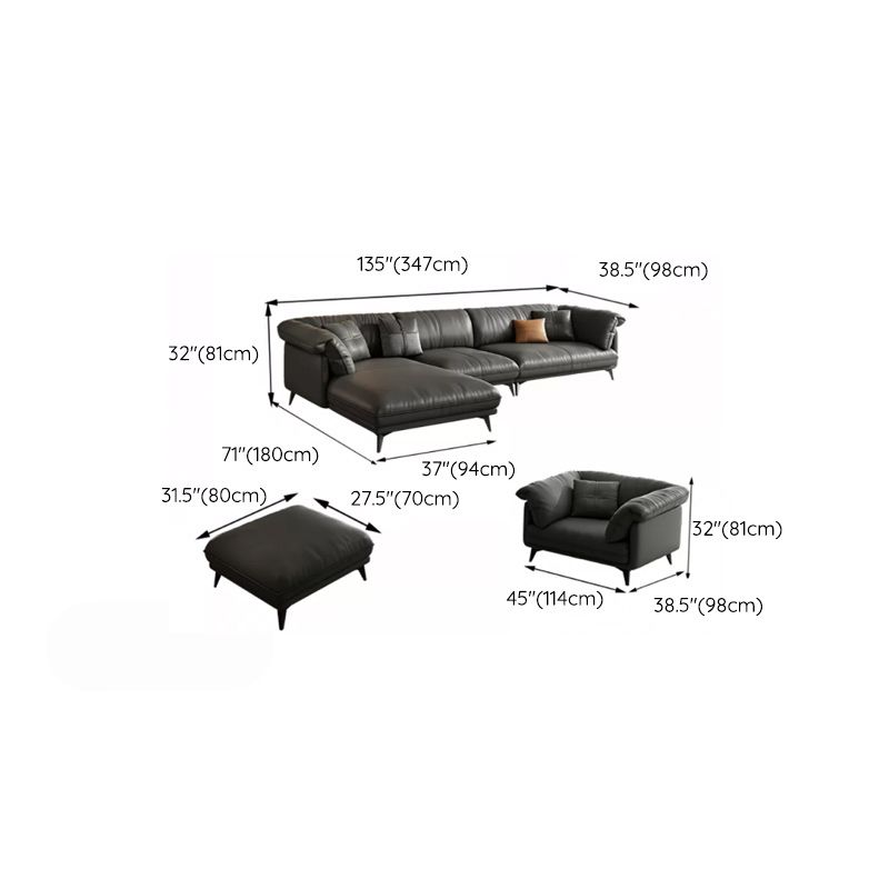 Genuine Leather Sectional Sofa Black Sofa with Removable Cushions