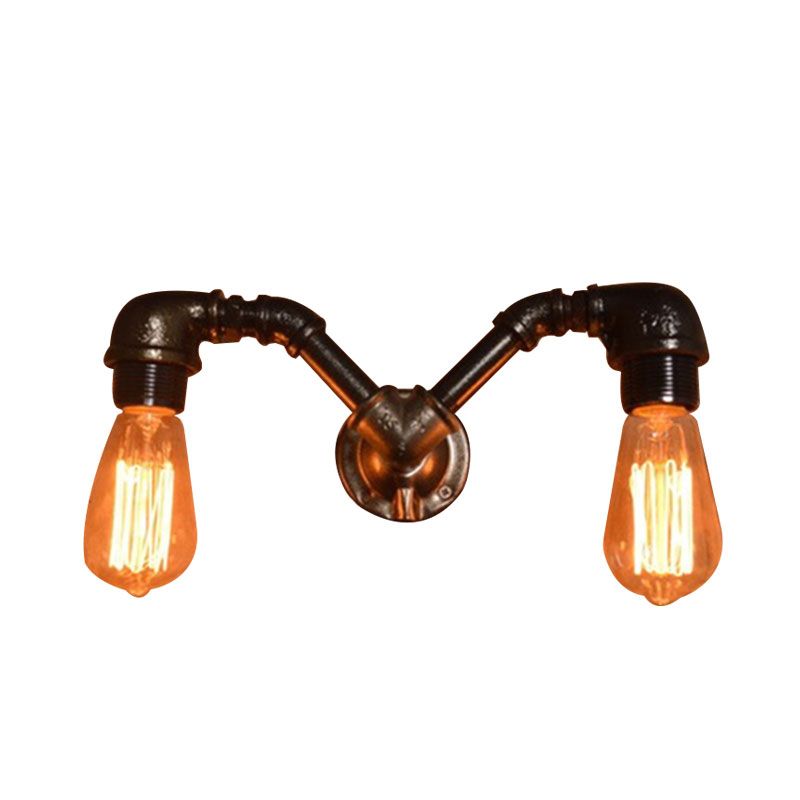 2 Heads Pipe Design Wall Lighting with Open Bulb Farmhouse Black Finish Metal Sconce Light Fixture