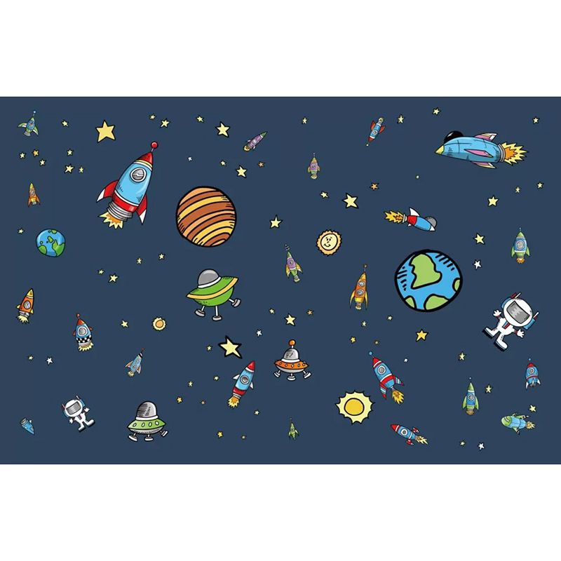 Enormous Illustration Nordic Mural Wallpaper for Kid's Bedroom with Cartoon Deep Space Design in Dark Blue