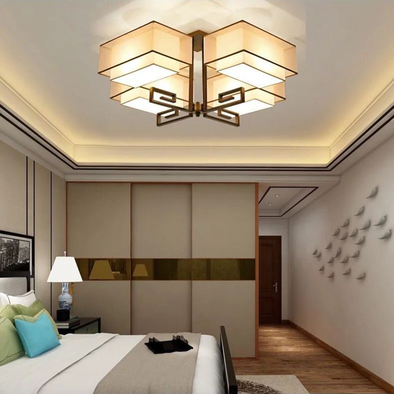 Plafoniera quadrata da incasso a 4 luci in stile classico tradizionale in ferro battuto con paralume in lino