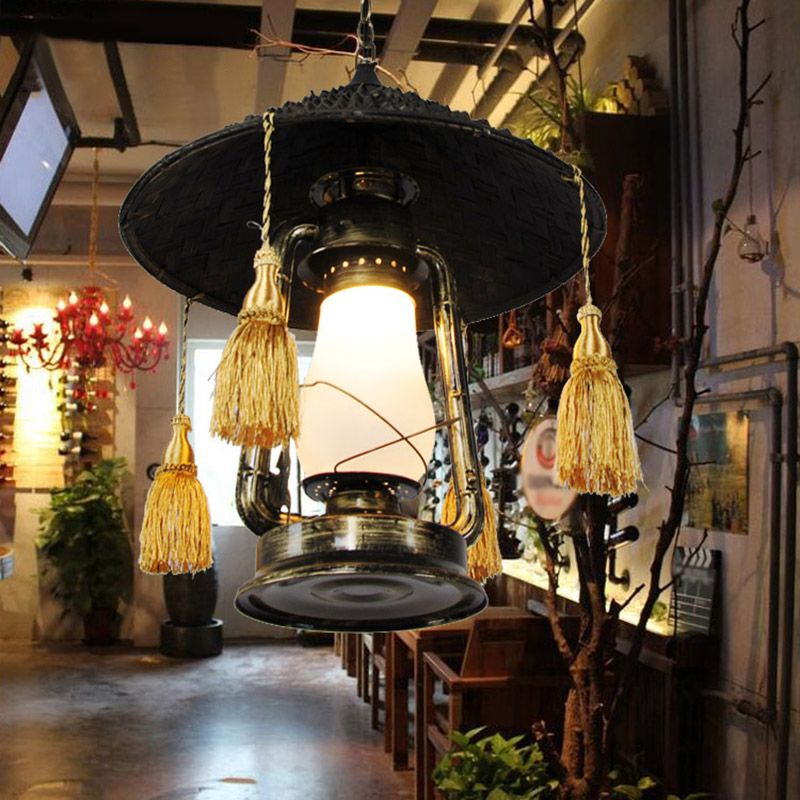 Opal Glass Kerosene Ceiling Lamp Rustic 1 Bulb Aisle Hanging Light with Tassel and Cone Hat Top in Black