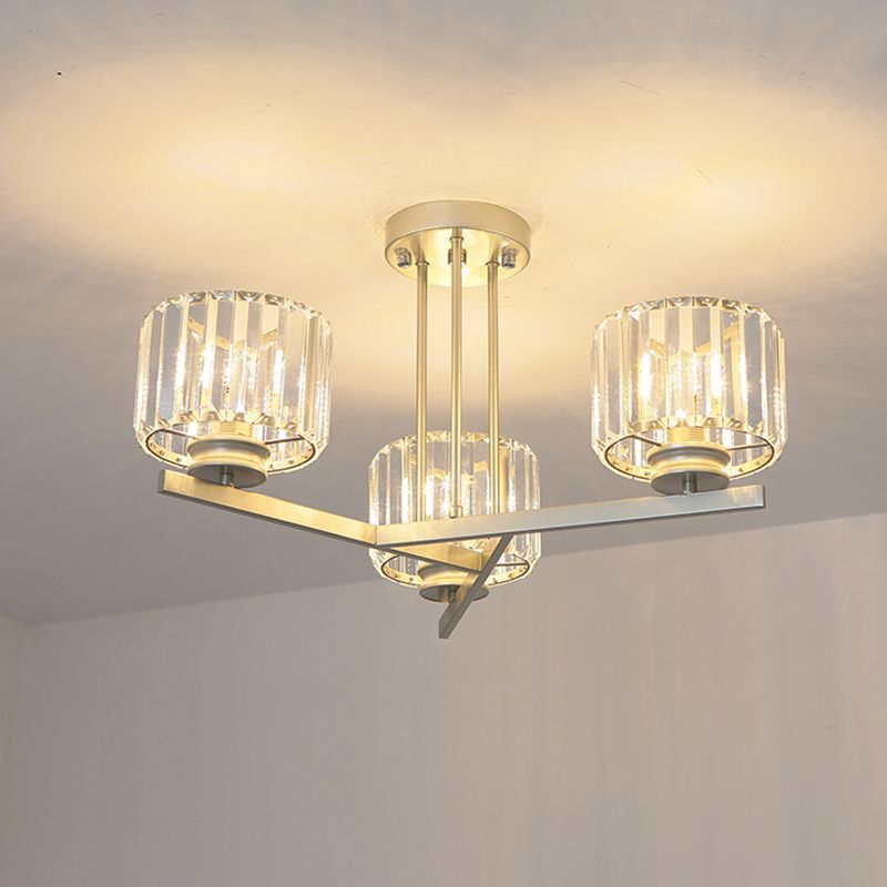 Gold 3/4-Light Semi Mount Lighting Modern Crystal Prism Short Cylinder Ceiling Flush Light