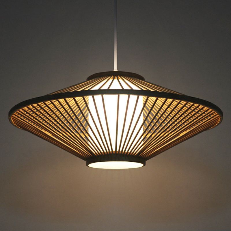 Conical Cage Bamboo Suspension Light Contemporary 1 Head Wood Ceiling Pendant Lamp
