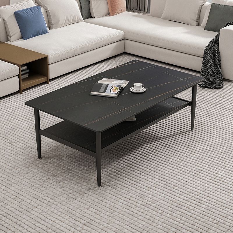 17.7" H Rectangle Slate Coffee Table Iron 4 Legs Cocktail Table with Shelf